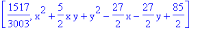 [1517/3003, x^2+5/2*x*y+y^2-27/2*x-27/2*y+85/2]